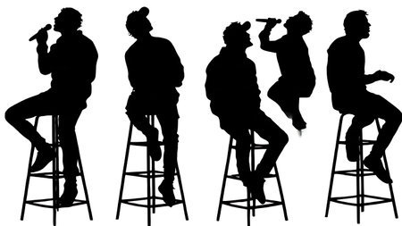 Black Solid Boy Band Ballad Silhouettes Set of Six on White Background isolated on plain white background.のイラスト素材