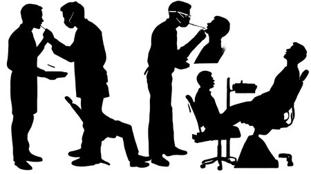 Black Solid Dentist Chair Exam Silhouettes Set of Six on White Background isolated on plain white background.のイラスト素材