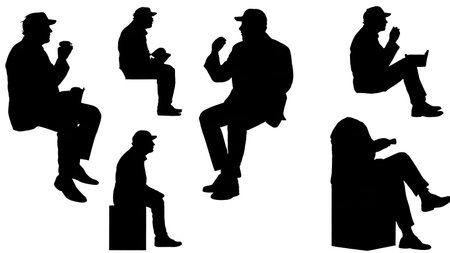 Black Solid Director Lunch Break Silhouettes Set of Six on White Background isolated on plain white background.のイラスト素材