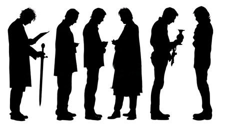 Black Solid Director Prop Exam Silhouettes Set of Six on White Background isolated on plain white background.のイラスト素材