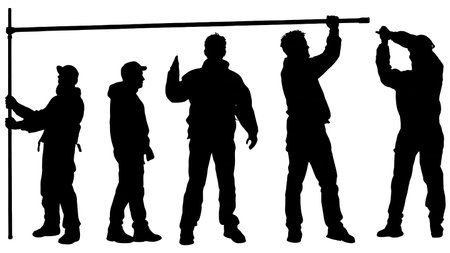 Black Solid Director Boom Pole Silhouettes Set of Six on White Background isolated on plain white background.のイラスト素材