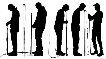 Black Solid DJ Adjusting Mic Stand Silhouettes Set of Six on White Background isolated on plain white background.のイラスト素材