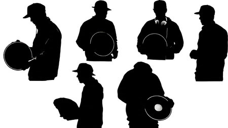 Black Solid DJ Holding Slipmat Silhouettes Set of Six on White Background isolated on plain white background.のイラスト素材