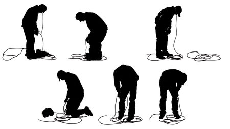 Black Solid DJ Floor Cable Check Silhouettes Set of Six on White Background isolated on plain white background.のイラスト素材