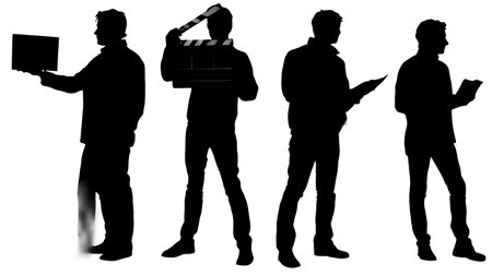 Black Solid Indie Director Clapperboard Silhouettes Set of Six on White Background isolated on plain white background.のイラスト素材