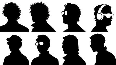 Black Solid DJ Sunglasses Style Silhouettes Set of Six on White Background isolated on plain white background.のイラスト素材