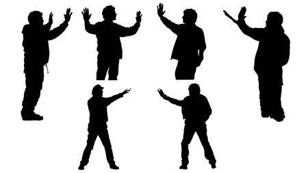 Black Solid Director Cut Gesture Silhouettes Set of Six on White Background isolated on plain white background.のイラスト素材