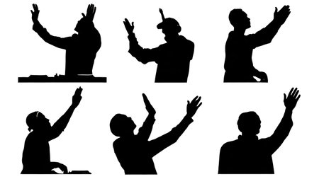 Black Solid DJ High Five Silhouettes Set of Six on White Background isolated on plain white background.のイラスト素材
