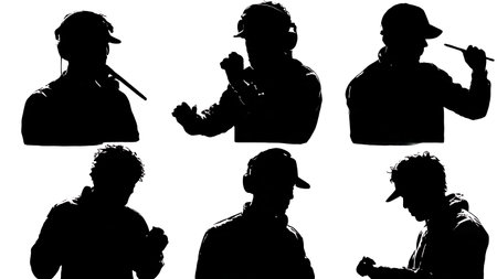 Black Solid DJ Multitask Pen Silhouettes Set of Six on White Background isolated on plain white background.のイラスト素材