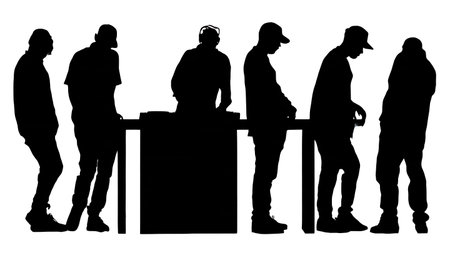 Black Solid DJ Leaning Console Silhouettes Set of Six on White Background isolated on plain white background.のイラスト素材