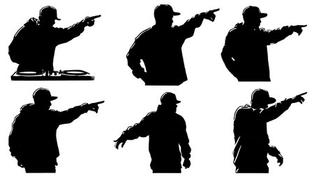 Black Solid DJ Needle Drop Silhouettes Set of Six on White Background isolated on plain white background.のイラスト素材