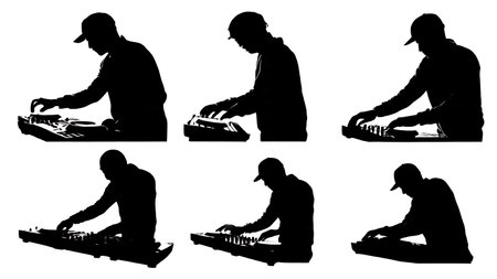 Black Solid DJ Lighting Control Silhouettes Set of Six on White Background isolated on plain white background.のイラスト素材