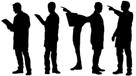 Black Solid Doctor Explaining Clipboard Silhouettes Set of Six on White Background isolated on plain white background.のイラスト素材