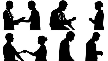 Black Solid Doctor Skin Exam Silhouettes Set of Six on White Background isolated on plain white background.のイラスト素材