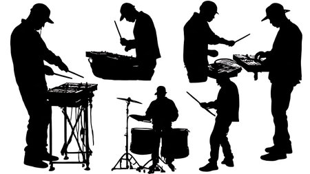 Black Solid DJ Hybrid Performance Silhouettes Set of Six on White Background isolated on plain white background.のイラスト素材