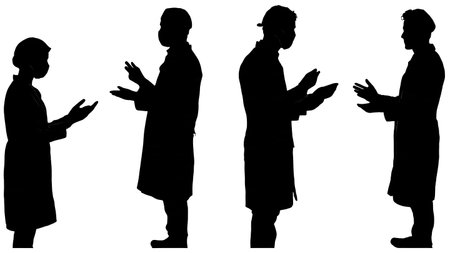 Black Solid Doctor Putting Gloves Silhouettes Set of Six on White Background isolated on plain white background.のイラスト素材