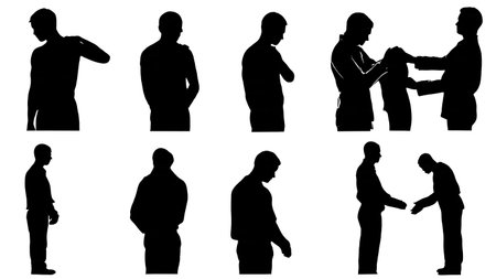 Black Solid Doctor Shoulder Exam Silhouettes Set of Six on White Background isolated on plain white background.のイラスト素材
