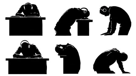 Black Solid DJ Tired Pose Silhouettes Set of Six on White Background isolated on plain white background.のイラスト素材