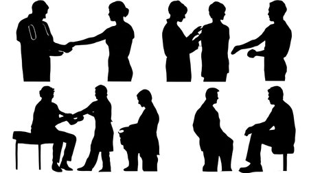 Black Solid Doctor Skin Exam Silhouettes Set of Six on White Background isolated on plain white background.のイラスト素材