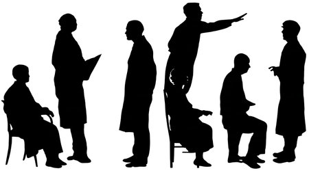 Black Solid Doctor Guiding Patient Silhouettes Set of Six on White Background isolated on plain white background.のイラスト素材