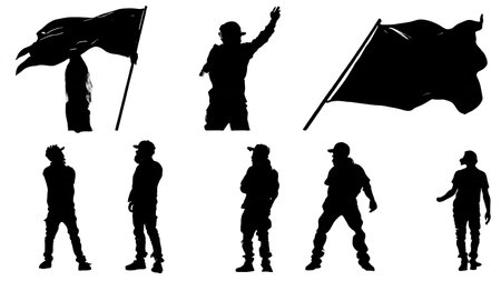 Black Solid DJ Waving Flag Silhouettes Set of Six on White Background isolated on plain white background.のイラスト素材