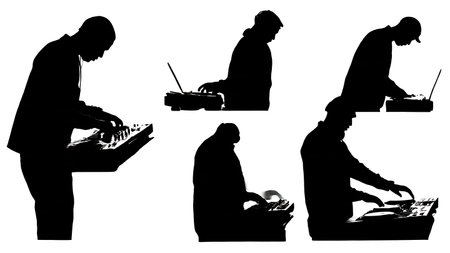 Black Solid DJ Production Keyboard Silhouettes Set of Six on White Background isolated on plain white background.のイラスト素材