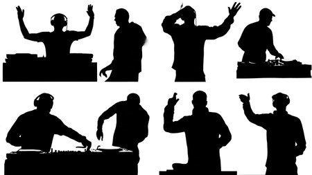 Black Solid DJ Duo Performance Silhouettes Set of Six on White Background isolated on plain white background.のイラスト素材