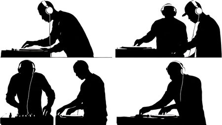 Black Solid DJ Plugging Headphones Silhouettes Set of Six on White Background isolated on plain white background.のイラスト素材