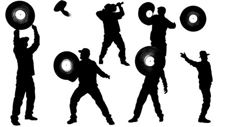 Black Solid DJ Playful Vinyl Silhouettes Set of Six on White Background isolated on plain white background.のイラスト素材