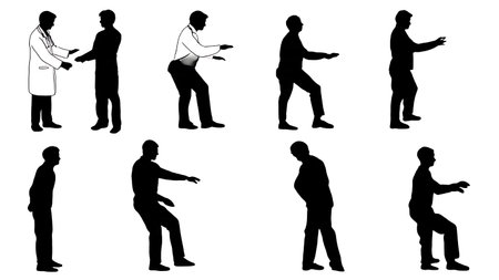 Black Solid Doctor Physio Demo Silhouettes Set of Six on White Background isolated on plain white background.のイラスト素材