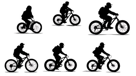 Black Solid Fat Biking Silhouettes Set of Six on White Background isolated on plain white background.のイラスト素材