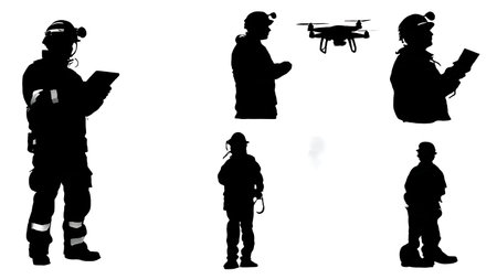 Black Solid Emergency Drone Pilot Silhouettes Set of Six on White Background isolated on plain white background.のイラスト素材