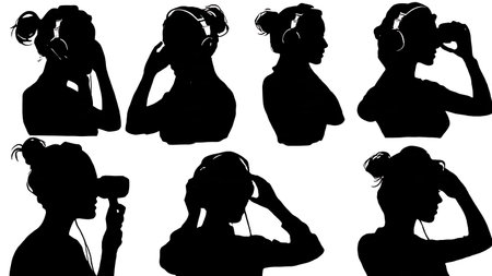 Black Solid Female Radio Host Headphones Silhouettes Set of Six on White Background isolated on plain white background.のイラスト素材
