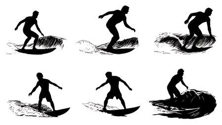 Black Solid Flowrider Silhouettes Set of Six on White Background isolated on plain white background.のイラスト素材
