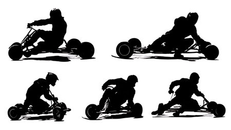Black Solid Drift Triking Silhouettes Set of Six on White Background isolated on plain white...