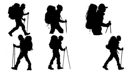 Black Solid Hiker Trekking Silhouettes Set of Six on White Background isolated on plain white background.のイラスト素材