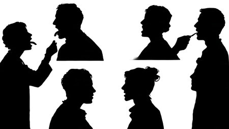 Black Solid Doctor Tongue Diagnosis Silhouettes Set of Six on White Background isolated on plain white background.のイラスト素材