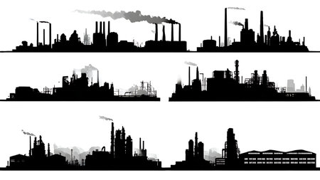 Black Solid Industrial Factory Silhouettes Set of Six on White Background isolated on plain white background.のイラスト素材