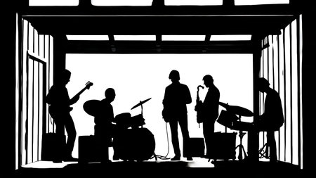 Black Solid Garage Band Open Door Silhouettes Set of Six on White Background isolated on plain white background.のイラスト素材
