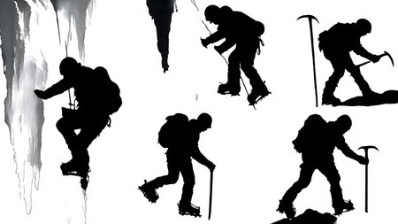 Black Solid Ice Climbing Silhouettes Set of Six on White Background isolated on plain white background.のイラスト素材