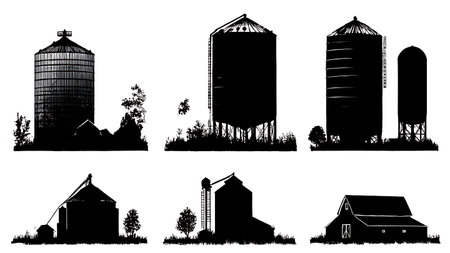 Black Solid Farm Skyline Silhouettes Set of Six on White Background isolated on plain white background.のイラスト素材