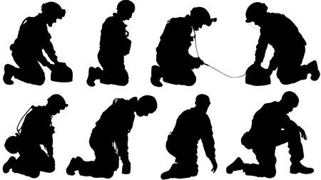 Black Solid Medic Training Skill Silhouettes Set of Six on White Background isolated on plain white background.のイラスト素材