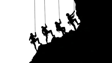 Black Solid Free Solo Climbing Silhouettes Set of Six on White Background isolated on plain white background.のイラスト素材
