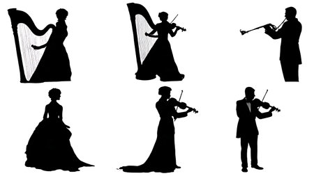 Black Solid Harp Violin Duet Silhouettes Set of Six on White Background isolated on plain white background.のイラスト素材