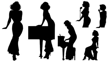 Black Solid Jazz Singer Pose Silhouettes Set of Six on White Background isolated on plain white background.のイラスト素材
