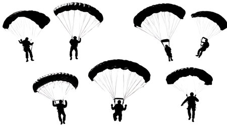 Black Solid Parachute Landing Silhouettes Set of Six on White Background isolated on plain white background.のイラスト素材