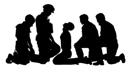 Black Solid Paramedic Head Tilt Silhouettes Set of Six on White Background isolated on plain white...