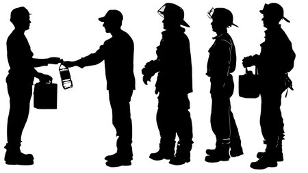 Black Solid Medic Firefighter Rehab Silhouettes Set of Six on White Background isolated on plain white background.のイラスト素材