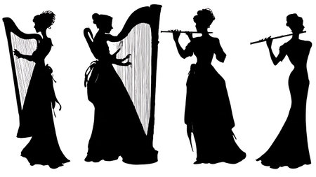 Black Solid Harp and Flute Silhouettes Set of Six on White Background isolated on plain white background.のイラスト素材