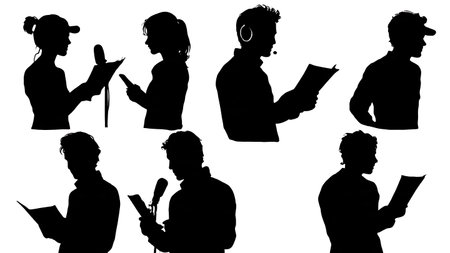 Black Solid Podcaster Reading Script Silhouettes Set of Six on White Background isolated on plain white background.のイラスト素材